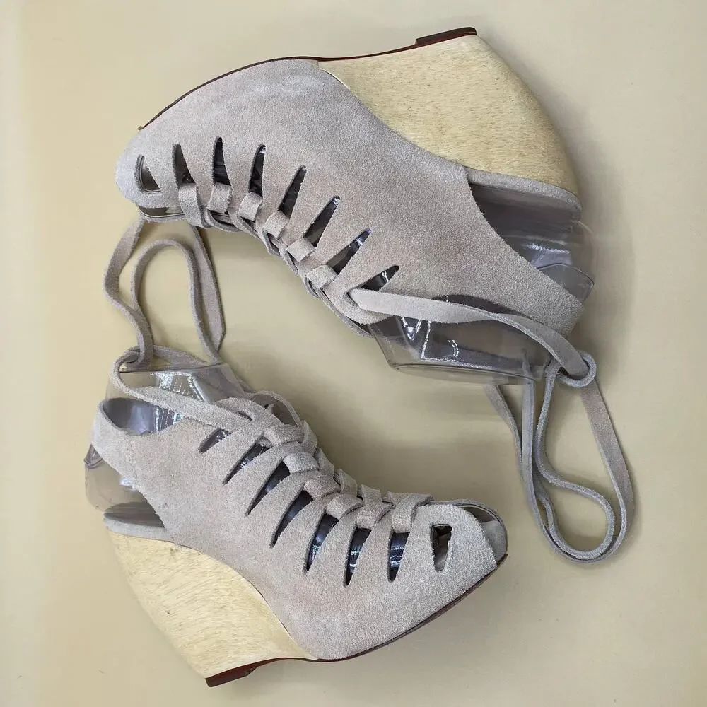 LOEFFLER RANDALL Vivian Lace Up Wedge Sandal  Size 7.5B Natural Tan‎ Slingback - Picture 11 of 15